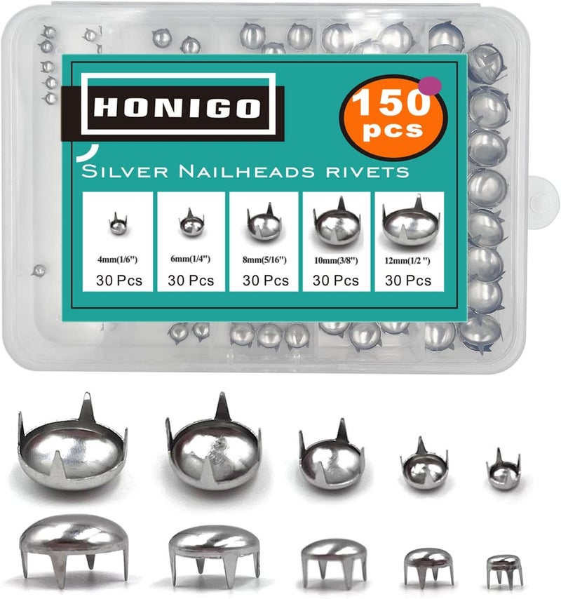 honigo 150pcs Nailheads Round Dome Studs Rivets Silver Metal Solid Brass 4/6/8/10/12mm 4 Prongs Spikes Spots for Leather Craft Clothes Belt Bag Shoes Decorations Totes DIY Craft - Image 1